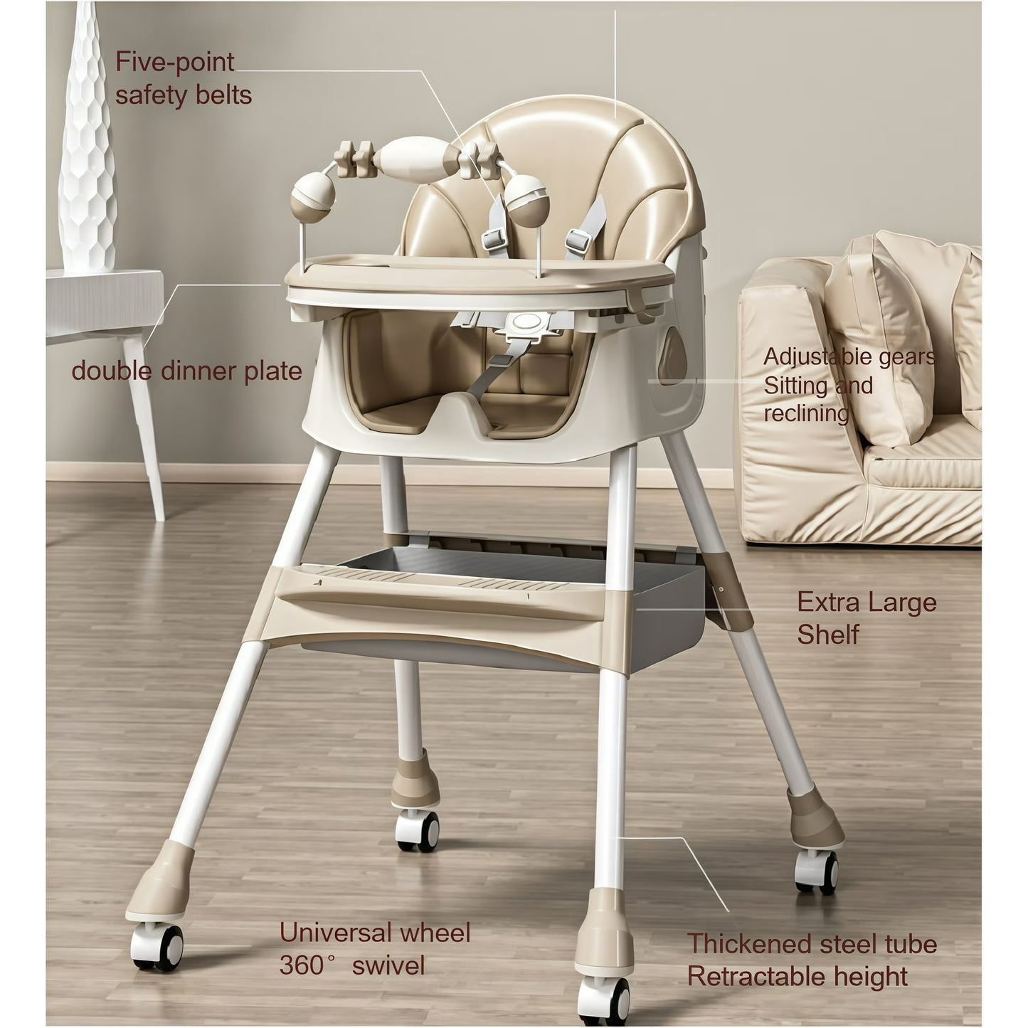 5-in-1 Convertible High ChairBaby swing & Baby Feeding Chairs & Baby scooter with Portable Dining Chairs and Toy Rack for 0-36 Months,Khaki