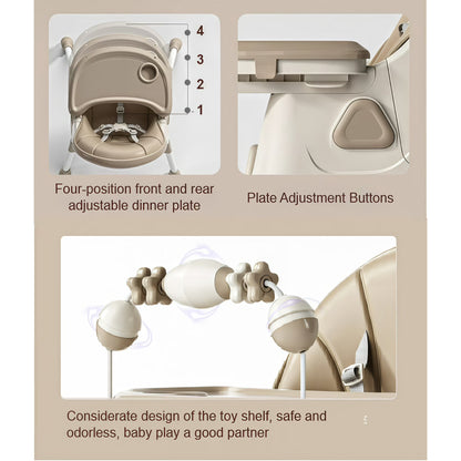 5-in-1 Convertible High ChairBaby swing & Baby Feeding Chairs & Baby scooter with Portable Dining Chairs and Toy Rack for 0-36 Months,Khaki