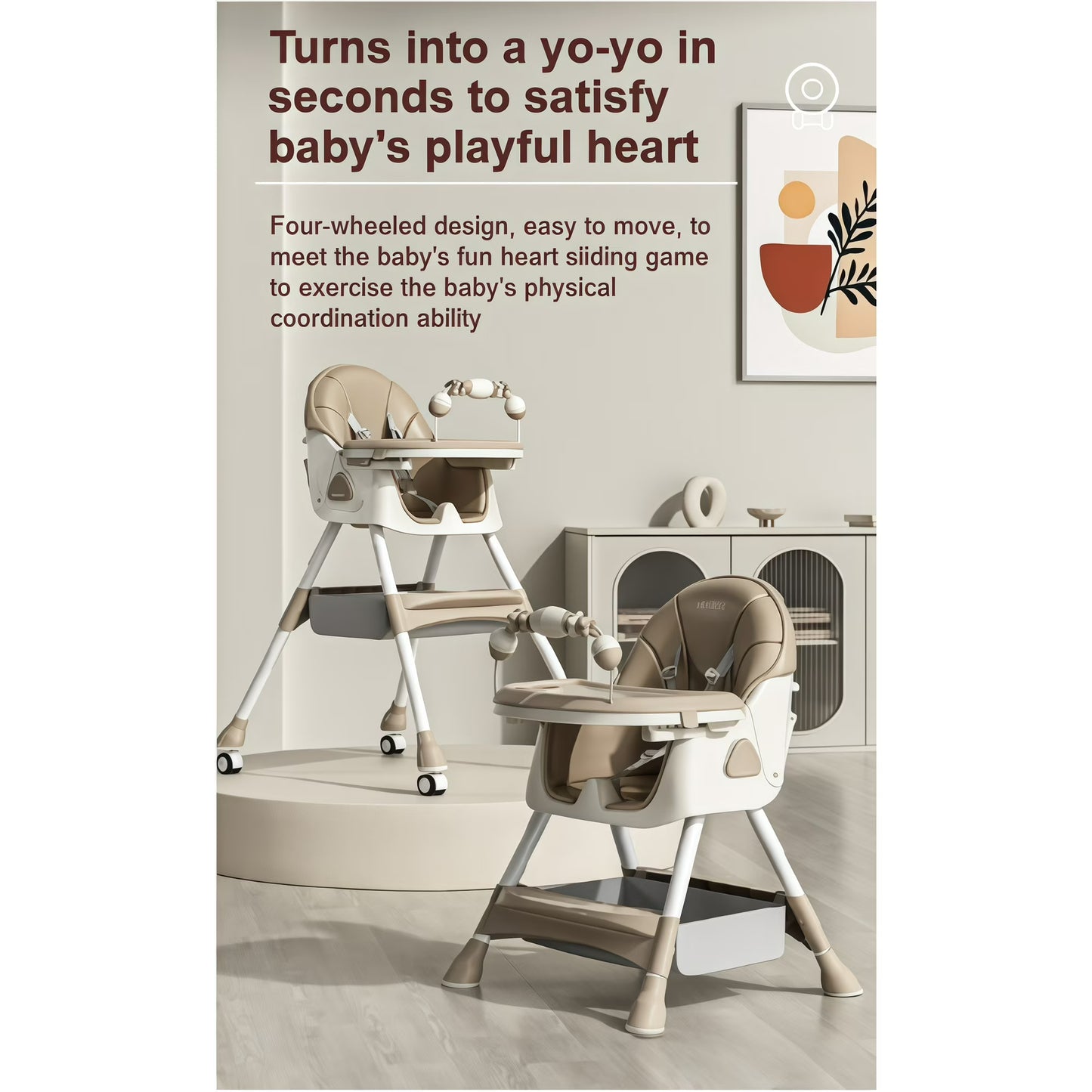 5-in-1 Convertible High ChairBaby swing & Baby Feeding Chairs & Baby scooter with Portable Dining Chairs and Toy Rack for 0-36 Months,Khaki