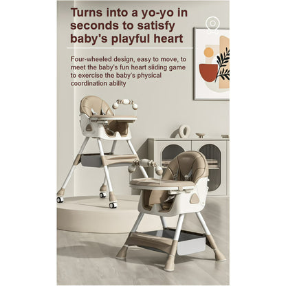 5-in-1 Convertible High ChairBaby swing & Baby Feeding Chairs & Baby scooter with Portable Dining Chairs and Toy Rack for 0-36 Months,Khaki