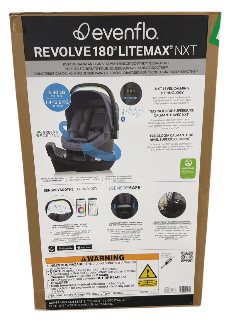 Evenflo Revolve180 LiteMax NXT Rotational Infant Car Seat with SensorySoothe, Flint, 2024