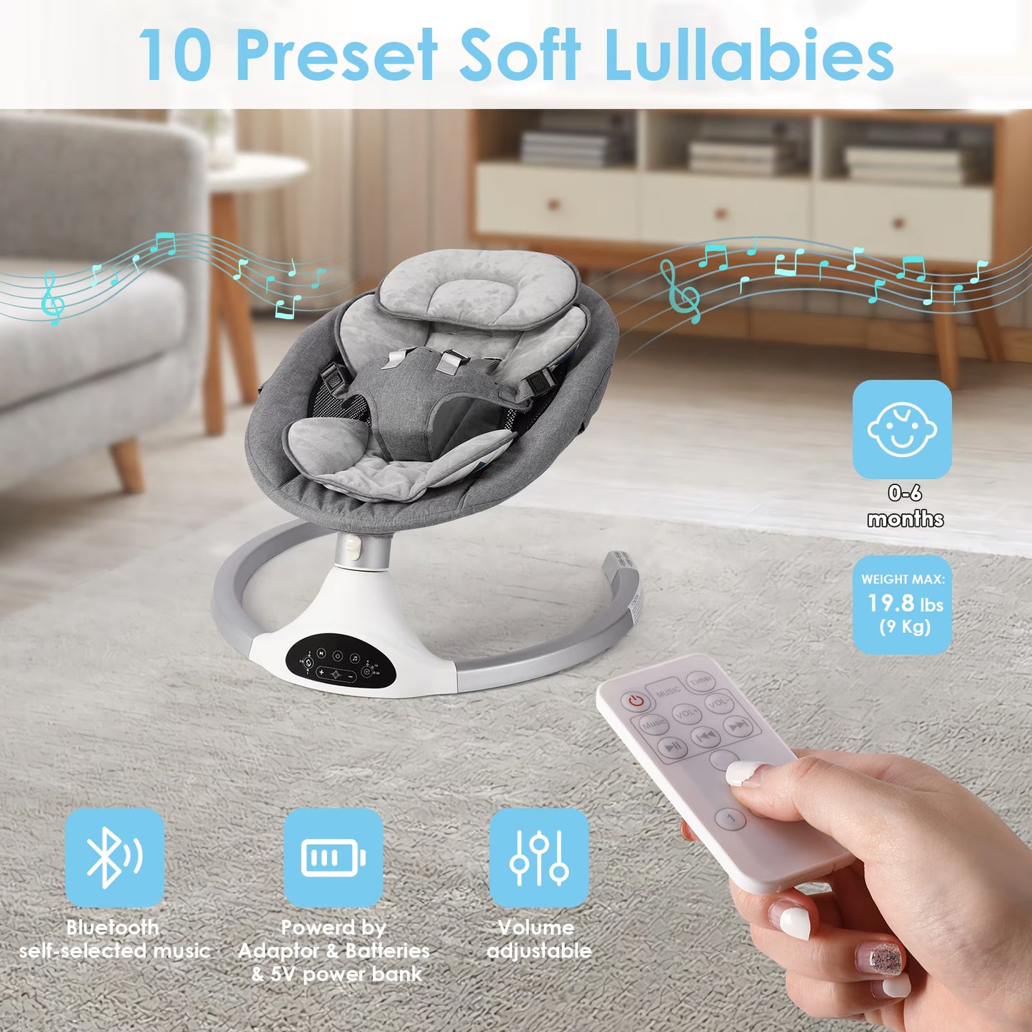 Baby Swing for Infants - Electric Infant Swing with 3 Swing Speeds and 10 Lullabies, Portable Indoor Baby Rocker, Touch Screen and Remote Control, Grey