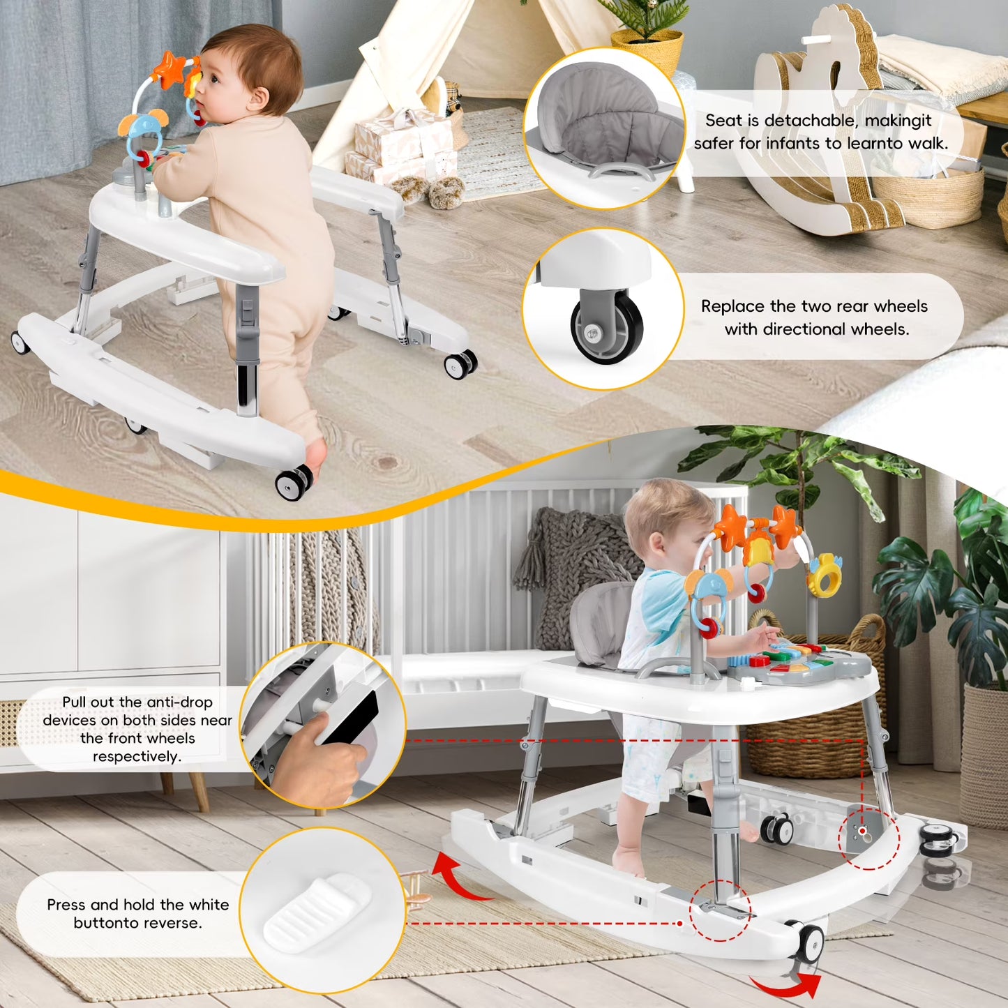 XIOYIG 5 in 1 Baby Walker, Music and Lights Walker for Baby Boy Girls 6-18 Months, Foldable Baby Walkers with Wheels and Bouncer Combo Portable, Toddler Infant Walker with Adjustable Height