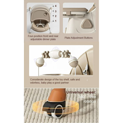 5-in-1 Convertible High ChairBaby swing & Baby Feeding Chairs & Baby scooter with Portable Dining Chairs and Toy Rack for 0-36 Months,Khaki