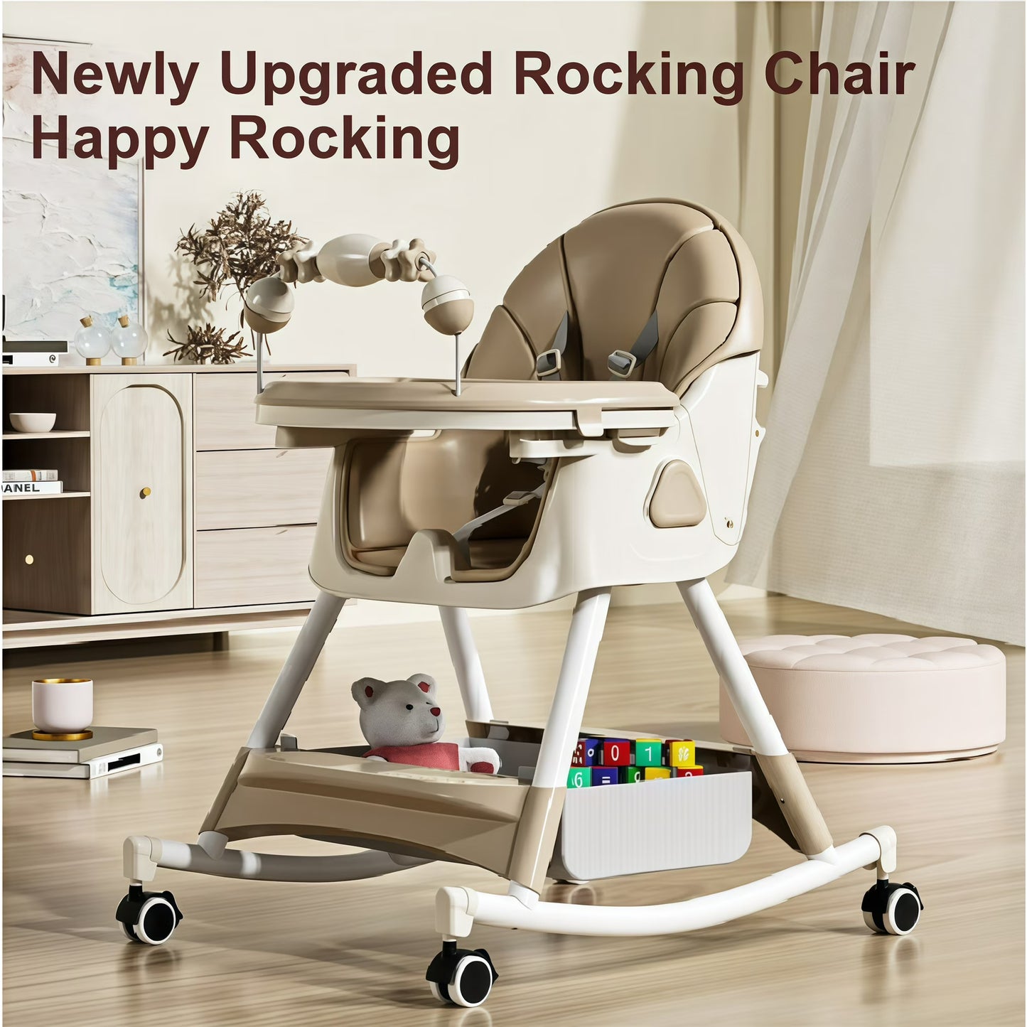 5-in-1 Convertible High ChairBaby swing & Baby Feeding Chairs & Baby scooter with Portable Dining Chairs and Toy Rack for 0-36 Months,Khaki