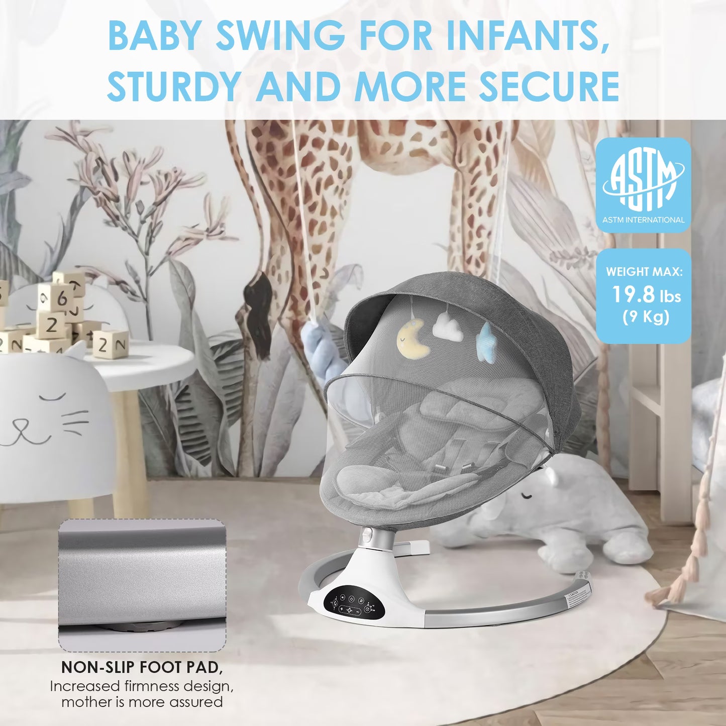 Baby Swing for Infants - Electric Infant Swing with 3 Swing Speeds and 10 Lullabies, Portable Indoor Baby Rocker, Touch Screen and Remote Control, Grey