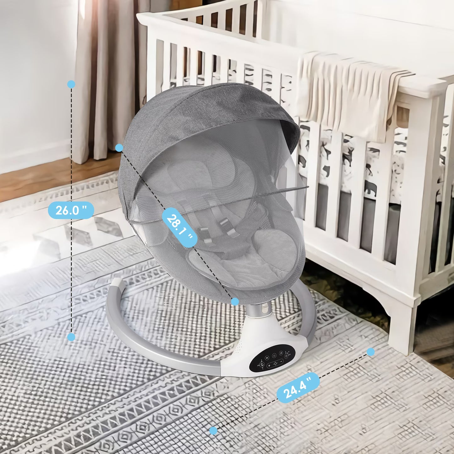 Baby Swing for Infants - Electric Infant Swing with 3 Swing Speeds and 10 Lullabies, Portable Indoor Baby Rocker, Touch Screen and Remote Control, Grey